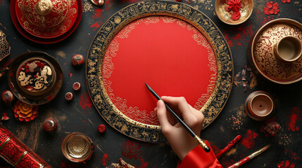 Naklejka premium Artistic Chinese Calligraphy Setup with Red Plate