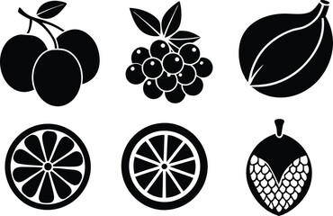 6-vector silhouette fruits icon set features a collection of fruit icons in a clean and minimalist style. Perfect for food-related projects, product labels, packaging, menus, and digital designs. 