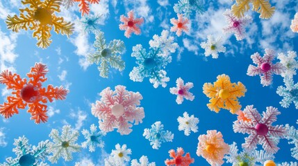 Joyful Winter Design Showcasing Playful Snowflakes Against Sky