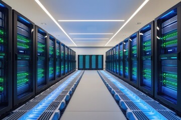 A modern data center filled with rows of sleek, high-tech server racks