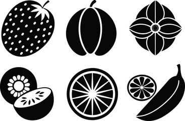 6 Vector Silhouette Fruits Icon Set - Minimalist Fruit Clipart Collection