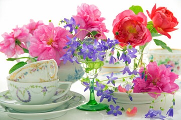 Roses with antique porcelain crockery still life