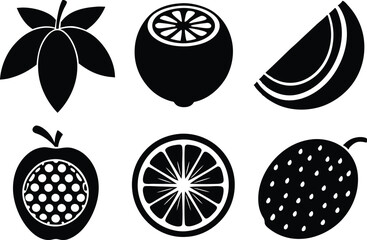 6 Vector Silhouette Fruits Icon Set - Minimalist Fruit Clipart Collection