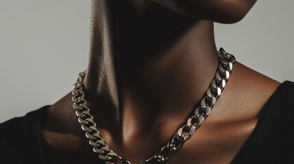 Capture the movement and fluidity of a chain necklace as it dances around a model's neck