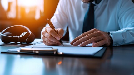 Professional writing notes during conference office setting business image focused environment close-up view productivity concept