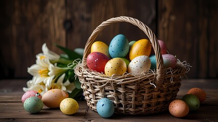 Colorful easter eggs in a basket on the table with lilies.