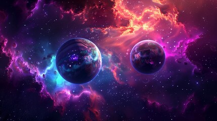 Planets with glowing, iridescent surfaces, floating in a vibrant space filled with stars and nebulae.
