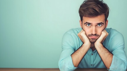 A young man displays a contemplative expression while resting his chin on his hands, portraying deep thought and introspection against a light green background.