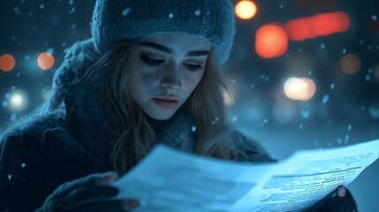 A young woman examines a map in a snowy city at night, illuminated by soft lights. The scene captures adventure and exploration amidst winter's quiet ambiance.