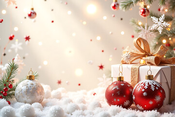 Beautiful Christmas background with white, red, gold, glittery balls, Christmas tree. Copy space. New Year.