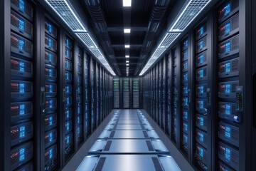 A modern data center filled with rows of sleek, high-tech server racks