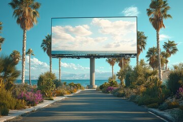 Obraz premium A serene landscape featuring a large billboard displaying a sky over a coastal road.