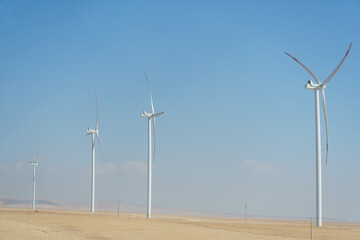 Wind turbines in the desert, Maٰān Governorate, Jordan