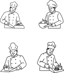A Chef Slicing Vegetables Line Art Vector.