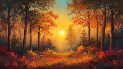 Golden sunrise in an autumn forest with warm mist, colorful foliage, and vibrant fall hues