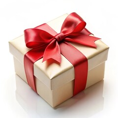 Obraz premium Matte Golden Gift Box with Red Bow on White Background