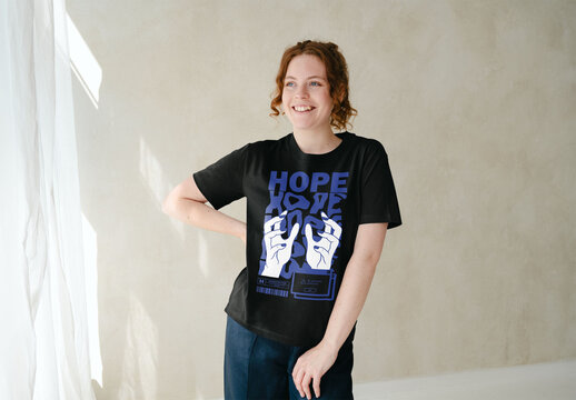 Mockup Of Woman Wearing Customizable T-Shirt, Smiling