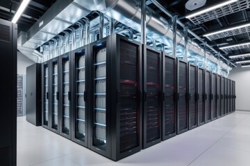 A modern data center filled with rows of sleek, high-tech server racks