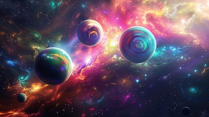 Surreal planets with swirling, psychedelic patterns, set in a galaxy filled with bright, colorful...