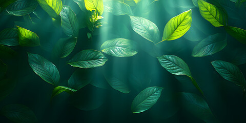 A vibrant, lush green forest filled with an abundance of leaves. The sun is shining brightly through the trees, casting a warm glow on the foliage. The scene is peaceful and serene