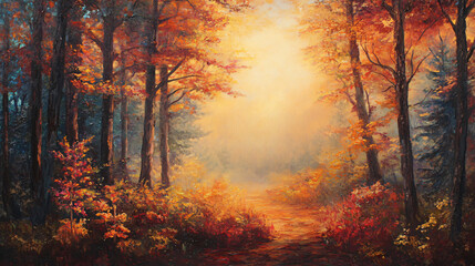 Fototapeta premium Golden sunrise in an autumn forest with warm mist, colorful foliage, and vibrant fall hues