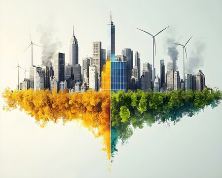 Urban Skyline Silhouette - A captivating cityscape panorama with towering skyscrapers reflecting the autumn sky groble solutions 
