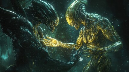 Two alien creatures exchange energy, glowing orb.