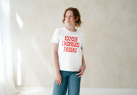 Mockup Of Woman In T-Shirt, Customized