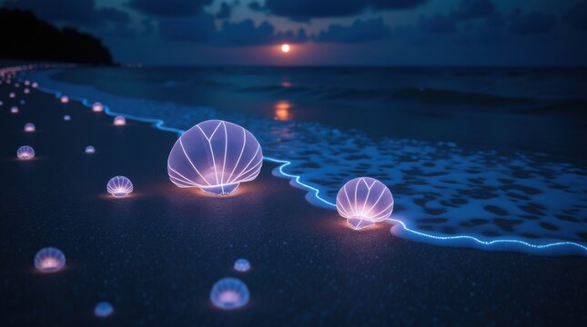Bioluminescent Waves on a Fantasy Ocean Shore
