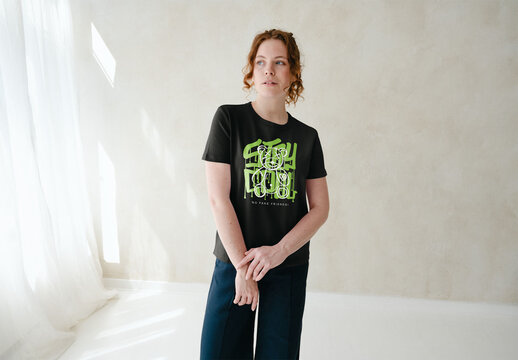 Mockup Of Woman Wearing T-Shirt, Customized