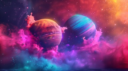 Vibrant abstract planets floating in a neon galaxy, with colorful cosmic dust surrounding them.