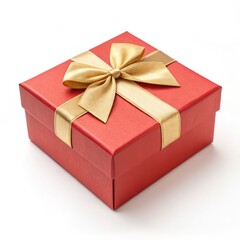 Obraz premium Red Gift Box with Gold Bow on White Background, Minimalistic and Festive Design