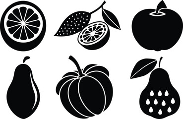 6 Vector Silhouette Fruits Icon Set - Minimalist Fruit Clipart Collection