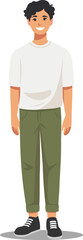 Young Boy Standing in Casual Outfit.Full-body illustration of a young boy standing against a plain white background.Boy is dressed in white t-shirt, green pants, and black sneakers with white lace