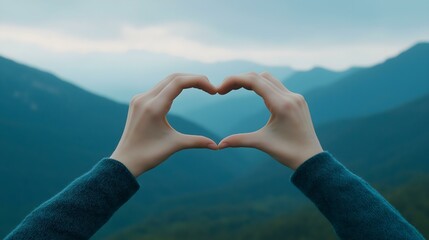 Fototapeta premium Two hands forming a heart shape against a breathtaking mountain landscape, symbolizing love, connection, and appreciation for nature.
