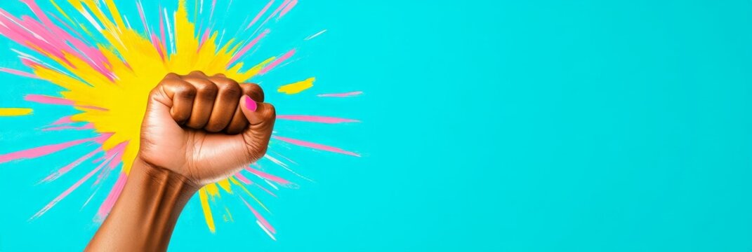 A bold depiction of a Black woman’s fist raised against a vibrant background, celebrating strength, pride, and empowerment for Black History Month.
