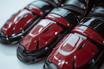 Naklejka premium Close-up of stunning black and red futuristic shoe design. This image showcases bold aesthetics in footwear. Perfect for fashion and tech enthusiasts. Generative AI