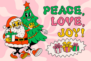 Groovy Christmas cartoon poster. vintage funny Santa Claus and Christmas tree with happy faces and peace love joy text. Ideal for Christmas and New Year sticker designs and decorations, vector