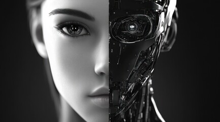 Human-robot hybrid, high-tech face portrait in grayscale