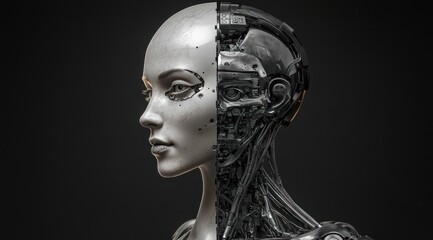 Artistic depiction of half human half robot in grayscale
