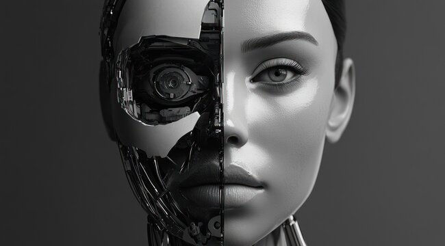 Half human, half robot face, artistic black and white