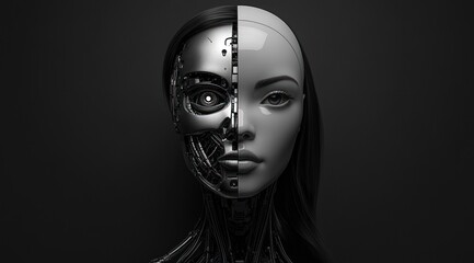 Half metallic and half skin face showcasing robotic eye