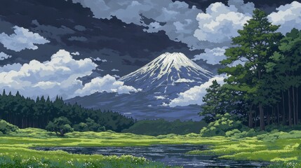 Obraz premium Realistic view of Mount Fuji with lush green meadows in the foreground and a dramatic, cloudy sky adding depth.