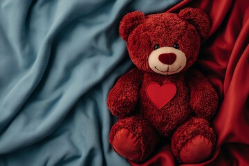 A cute red teddy bear with a heart on a colorful fabric background.