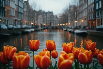 A serene canal scene in Amsterdam with vibrant orange tulips in the foreground.