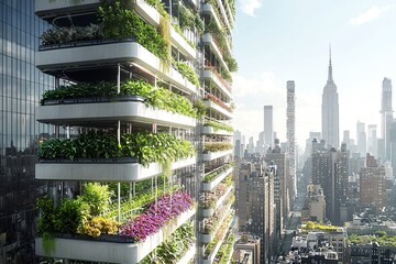 Obraz premium A futuristic green building adorned with vibrant plants overlooks a bustling city skyline.