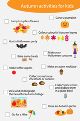 To do list. autumn activities. fall check list. different colorful pictures for children, fun education game for kids, preschool activity for toddlers, vector illustration