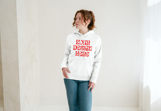 Mockup Of Woman Wearing Customizable Hoodie