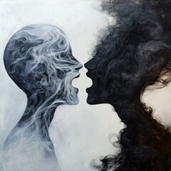 Two smoky profiles facing each other in hazy conflict