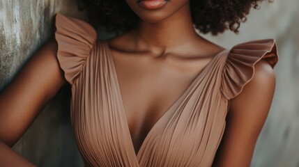Close-up of a woman in a beige pleated dress with ruffled sleeves against a neutral background